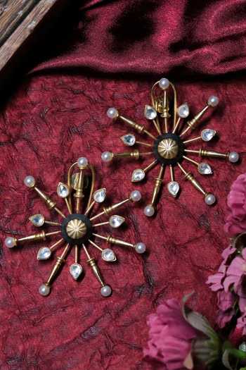Shop_Ishhaara_Gold Plated Diamonds, Pearls Ornamental Star Pattern Earrings _at_Aza_Fashions