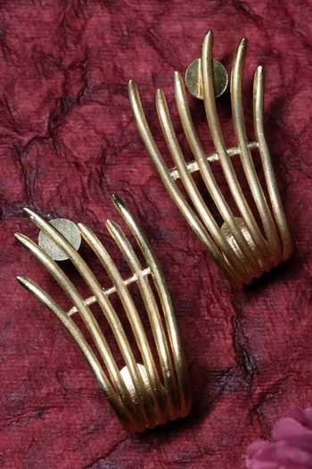 Shop_Ishhaara_Gold Plated Structured Stripe Pattern Earrings _at_Aza_Fashions