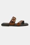 Lafattio_Brown Leather Buckled Toe Ring Slippers _at_Aza_Fashions