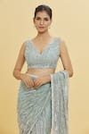 Buy_Shlok Design_Green Net Embellished Sequins V Neck Linear Saree With Blouse _Online_at_Aza_Fashions