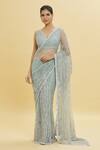 Buy_Shlok Design_Green Net Embellished Sequins V Neck Linear Saree With Blouse _at_Aza_Fashions