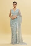 Shlok Design_Green Net Embellished Sequins V Neck Linear Saree With Blouse  _at_Aza_Fashions