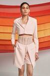 Detales_Peach Banana Crepe Notched Christina Crop Blazer And High Waist Corset Skirt Set_Online_at_Aza_Fashions