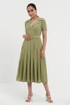 Buy_Detales_Green Textured Crepe Plain Notched Spread Collar Jane Box Pleated Shirt Dress_at_Aza_Fashions