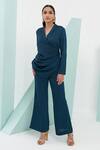 Buy_Detales_Green Satin Crepe Plain Shawl Collar Draped Wrap Jacket And Trouser Set_at_Aza_Fashions