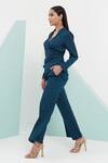 Buy_Detales_Green Satin Crepe Plain Shawl Collar Draped Wrap Jacket And Trouser Set_Online_at_Aza_Fashions