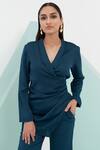 Shop_Detales_Green Satin Crepe Plain Shawl Collar Draped Wrap Jacket And Trouser Set_Online_at_Aza_Fashions