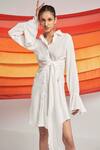 Detales_White Double Georgette Plain Collared Neck Bree Asymmetric Knotted Shirt Dress_Online_at_Aza_Fashions