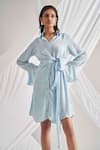 Buy_Detales_Blue Double Georgette Plain Collared Neck Bree Knotted Pastel Shirt Dress_at_Aza_Fashions