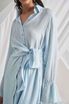Buy_Detales_Blue Double Georgette Plain Collared Neck Bree Knotted Pastel Shirt Dress_Online_at_Aza_Fashions
