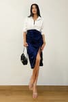 Detales_Blue Armani Satin Plain Khloe Ruched Cowl Draped Skirt_at_Aza_Fashions