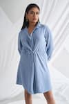 Buy_Detales_Blue Latte Crepe Plain Collared Neck Emily Shirt Dress_Online_at_Aza_Fashions