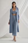 Buy_Detales_Blue Twill Georgette Plain Shrug Notched Lapel Kate Long Blazer And Trouser Set_at_Aza_Fashions