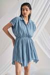 Detales_Blue Crush Cotton Solid Shirt Collar Tia Asymmetric Hem Dress For Women_Online_at_Aza_Fashions