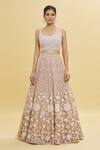 Buy_Shlok Design_Beige Organza Embroidery Floral Scoop Neck Chevron And Lehenga Set_Online_at_Aza_Fashions