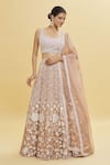 Shlok Design_Beige Organza Embroidery Floral Scoop Neck Chevron And Lehenga Set_Online_at_Aza_Fashions