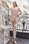 Buy_Ridhima Bhasin_Ivory Scarlet Net And Sequenced Luna 3d Floral Tunic & Harem Pant Set  _at_Aza_Fashions