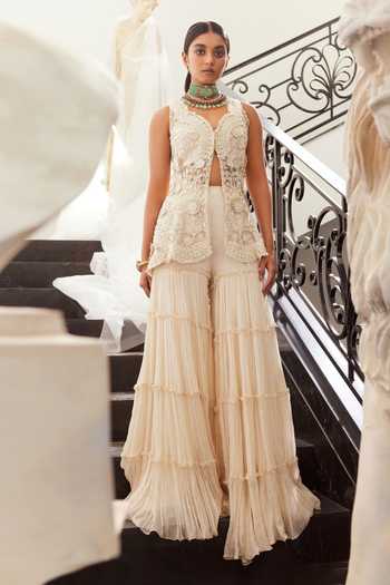 Buy_Ridhima Bhasin_Ivory Net, Chiffon Pearls, Seraphina 3d Floral Embroidered Jacket And Sharara Set _at_Aza_Fashions