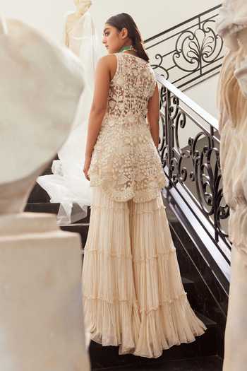 Shop_Ridhima Bhasin_Ivory Net, Chiffon Pearls, Seraphina 3d Floral Embroidered Jacket And Sharara Set _at_Aza_Fashions