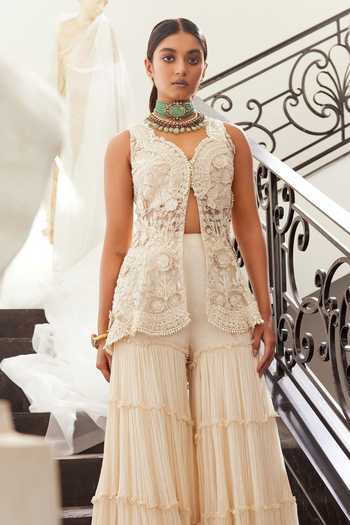 Ridhima Bhasin_Ivory Net, Chiffon Pearls, Seraphina 3d Floral Embroidered Jacket And Sharara Set _Online_at_Aza_Fashions