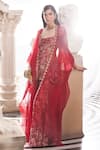 Buy_Ridhima Bhasin_Red Chanderi And Organza Print Vintage Vivienne Cape & Sharara Set  _at_Aza_Fashions