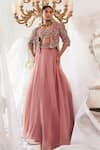 Buy_Ridhima Bhasin_Pink Organza Embroidered 3d Flowers Celeste Floral Cape Skirt Set  _at_Aza_Fashions