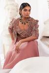 Buy_Ridhima Bhasin_Pink Organza Embroidered 3d Flowers Celeste Floral Cape Skirt Set  _Online_at_Aza_Fashions