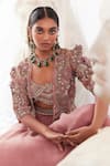 Shop_Ridhima Bhasin_Pink Organza Embroidered 3d Flowers Celeste Floral Cape Skirt Set  _Online_at_Aza_Fashions