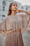 Shop_Amitabh Malhotra_Beige Georgette Embroidery Scallop Round Neck Cape And Sharara Set _at_Aza_Fashions