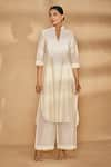 Buy_Gulabo by Abu Sandeep_Off White Chanderi Embroidered Applique Mandarin Collar Floral Kurta  _at_Aza_Fashions