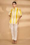 Gulabo By Abu Sandeep Yellow Chanderi Striped Mandarin Collar Pattern Shirt Online at Aza Fashions Gulabo By Abu Sandeep_Yellow Chanderi Striped Mandarin Collar Pattern Shirt_Online_at_Aza_Fashions