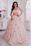 Buy_Label Priyanka Kar_Pink Net Hand Embroidered Floral V Neck Blouse Bridal Lehenga Set _at_Aza_Fashions
