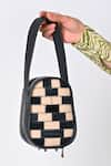 Shop_X Feet Above_Black Checkered Pattern Berlin Leather Egg Shaped Bag _at_Aza_Fashions