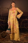 Buy_Aditi Gupta_Yellow Satin Printed Blossom Cutwork Kurta And Palazzo Set _at_Aza_Fashions