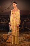 Shop_Aditi Gupta_Yellow Satin Printed Blossom Cutwork Kurta And Palazzo Set _Online_at_Aza_Fashions