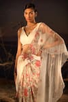 Aditi Gupta_Ivory Saree And Blouse Satin Printed Floral Blossom Pre-draped With _Online_at_Aza_Fashions