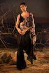 Aditi Gupta_Black Saree And Blouse Satin Printed Floral V Neck Placement Pre-draped With _Online_at_Aza_Fashions