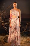 Buy_Aditi Gupta_Pink Satin Printed Floral Asymmetric Blossom Draped Dress  _at_Aza_Fashions