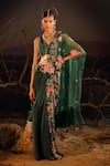 Buy_Aditi Gupta_Green Printed And Embroidered Blossom Satin Panelled Pre-draped Saree With Blouse _at_Aza_Fashions