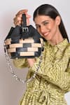Buy_X Feet Above_Black Checkered Pattern Vienna Jute And Leather Bucket Bag_at_Aza_Fashions