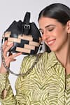 Buy_X Feet Above_Black Checkered Pattern Vienna Jute And Leather Bucket Bag_Online_at_Aza_Fashions