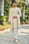 Buy_Bohame_Beige Sherwani And Dupatta- Georgette Embroidered Hirav With Kurta Set _at_Aza_Fashions