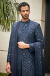 Bohame_Blue Sherwani And Dupatta- Georgette Embroidered Chikankari Anvit With Kurta Set _Online_at_Aza_Fashions