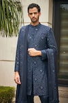 Bohame_Blue Sherwani And Dupatta- Georgette Embroidered Chikankari Anvit With Kurta Set _at_Aza_Fashions