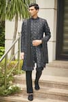 Buy_Bohame_Black Sherwani And Dupatta- Georgette Embroidered Varnit With Kurta Set _at_Aza_Fashions