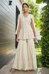 Buy_Bohame_Off White Georgette Embroidered Chikankari V Neck Miah Tunic And Sharara Set _at_Aza_Fashions