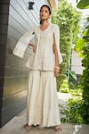 Bohame_Off White Georgette Embroidered Chikankari V Neck Miah Tunic And Sharara Set _Online_at_Aza_Fashions