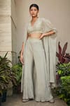 Buy_Bohame_Grey Georgette Embroidered Chikankari V Neck Aayla Cape Pant Set _at_Aza_Fashions