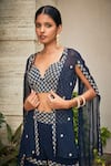 Bohame_Blue Georgette Embroidered Chikankari Sweetheart Neck Iha Cape Sharara Set _at_Aza_Fashions