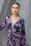 Chhavvi Aggarwal_Blue Crepe Print Floral V Neck Flower Bloom Dress _Online_at_Aza_Fashions